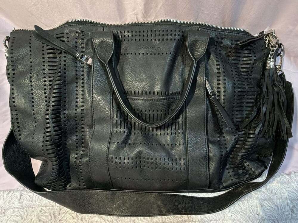 Splendid Black Perforated Leather Handbag with Tassel